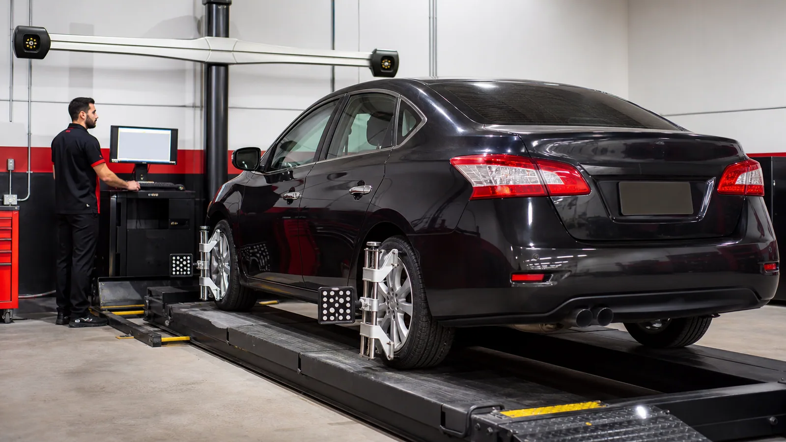 Carro em equipamento moderno de alinhamento 3D
