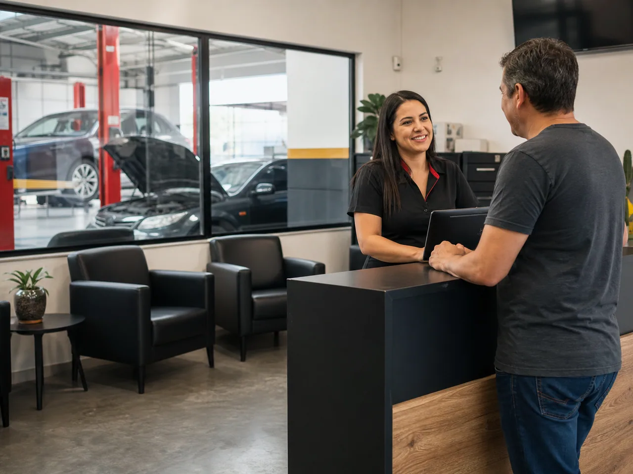 Cliente conversa com atendente na recepção do centro automotivo